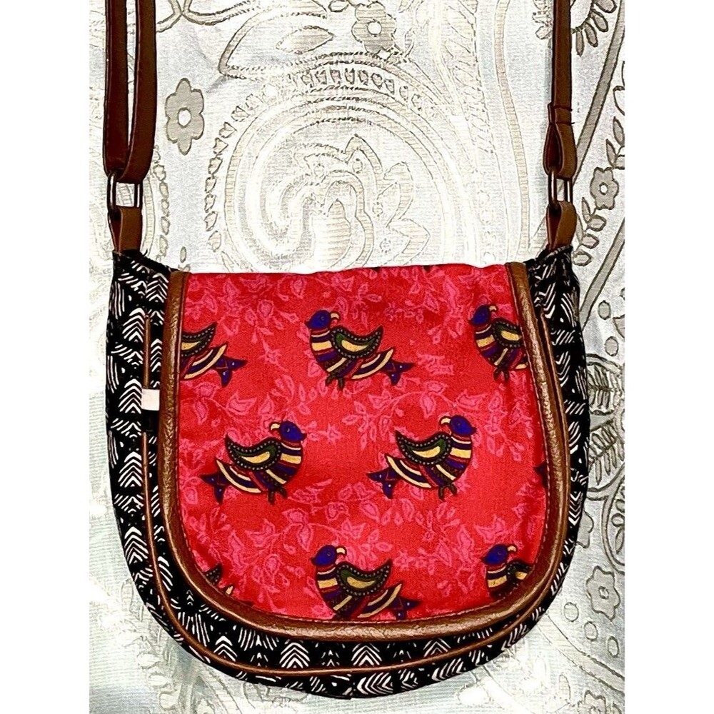 Boho Crossbody Bag Adjustable Leather Strap Red Songbirds Flap